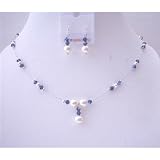 Brd525 Purple Voilet Ab Crystals Jewelry Set w/ White Pearls Bridal Bridemaides Necklace Set Genuine Swarovski Crystals  Pearls