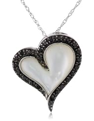 10k White Gold Heart White Mother-Of-Pearl and Black Diamond Pendant Necklace (2/11 cttw, Black), 18"