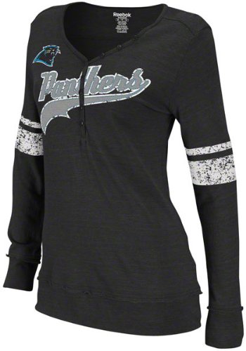 Reebok Carolina Panthers Ladies First Down Long Sleeve Tri-Blend Henley T-Shirt - Black (Small)