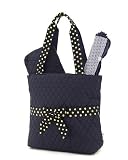 Monogrammable Solid Navy Blue & Gold Quilted (3) Piece Diaper Bag with Blue Polka Dot Ribbon Accents & Handles