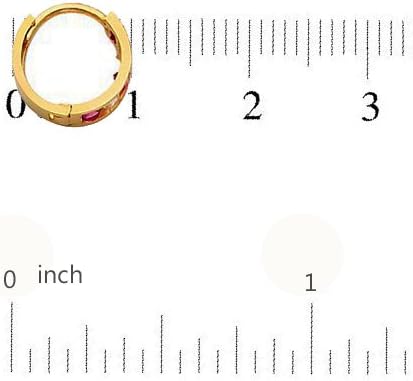 14K Yellow Gold Very Small 2mm White and Ruby Red CZ Channel  Huggies Earrings 10mm or 0.40" inch Diameter