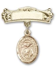 Gold Filled Baby Badge with St. Catherine Laboure Charm and Arched Polished Badge Pin