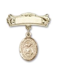 14K Gold Baby Badge with St. Catherine Laboure Charm and Arched Polished Badge Pin