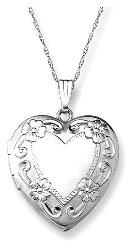 14k White Gold Engraved Heart Locket, 20″