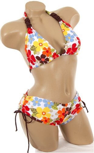 Multi Color Bathing Suit Halter Top Colorful Bikini with Matching Boyshorts 2 pc Multicolor Daisy Floral Swimsuit