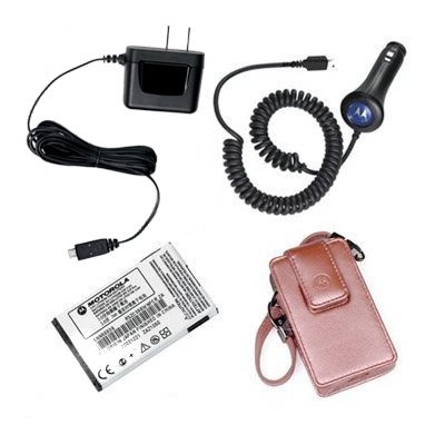 Combo: Motorola Car Charger (SYN0847), Travel & Home Charger (SPN5404), Pink Pouch Leather Case with Strap (SYN1512A), and BR50 Standard Battery!