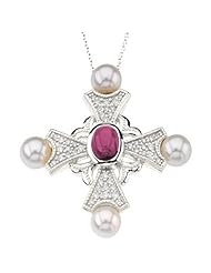 14K White Gold Rhodolite Garnet, Pearl and Diamond Cross Pendant -- LIFETIME WARRANTY