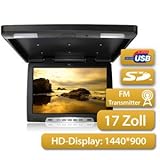 Deckenmonitor 43,18cm (wie 17 Zoll) Diagonale, 16:9, Hochauflösendes Display mit 1440*RGB*900, USB- & SD-Port, Inklusive IR - & FM - Transmitter, Pal & NTSC, Multimedia-Fernbedienung, 2x Video & 1x Audio - Anschlüsse, mit Dachinnenbeleuchtung, Schwarz