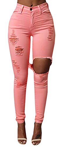 Jiujiuyi Women's Candy Color Ripped Skinny Jeans