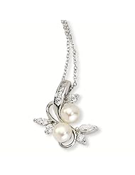Sterling Silver CZ Cubic Zirconia White Cultured Pearl Leaves 18In Necklace - Antique Boutique - Vintage Style - Jewelry