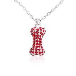 Red Crystal Dog Bone Pewter Pendant 15" Chain Necklace with 2" Extension