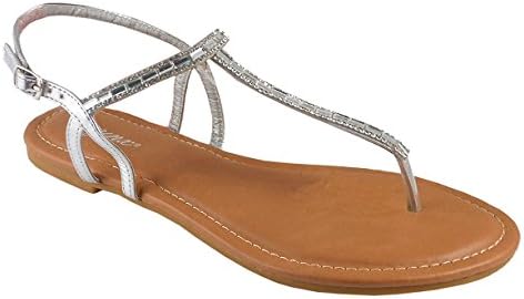 Iynx Date-2 Silver 8.5 Rhinestone Embellished T-strap Flip Flop Thong Sandals Flats Strappy