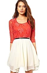 A-line Spring Summer Fall Elbow Length Sleeves Belted Lace Chiffon/Polyester  Dress