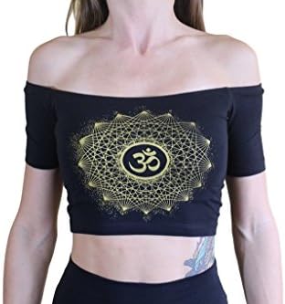 GrizzyLove Women's OM Dotwork Offshoulder Crop Top Large Black