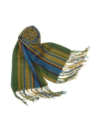 Basile Multi-Stripes Wool and Cashmere Fringed Long Scarf Green
