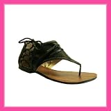 Women's Qupid Black Leatherette Thong Gladiator Sandals (Around76)