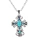 CHILDCITY Vintage Silver Plated Cross Carve Blue Crystal Oval Turquoise Pendant Necklace for Women Gift