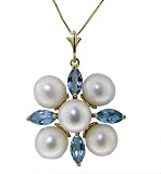 14k Solid Gold 18" Cluster Pearl Necklace with Blue Topaz