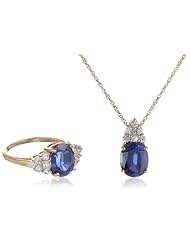 Sterling Silver with Yellow Gold Plated Created Ceylon Sapphire and Created White Sapphire Pendant Necklace and Ring Set
