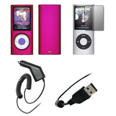 Premium Hot Pink Rubberized Snap-On Cover Hard Case Cell Phone Protector + Crystal Clear LCD Screen Protector + Rapid Car Charger + USB Data Charge Sync Cable for Apple iPod 4th Generation [Accessory Export Packaging]