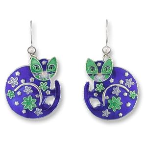 Round Cat Silver and Enamel Earrings