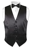 Biagio Men's Solid BLACK SILK Dress Vest Bow Tie Set for Suit or Tuxedo