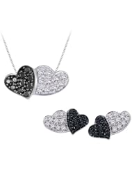 Sterling Silver, Black and White Diamond Heart Jewelry Set (1/3 cttw)