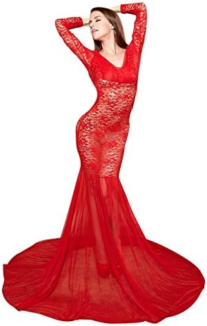 Women's Open Back Long Red Lace Gown,L