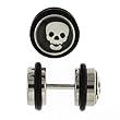 Stainless Steel Fake Plug with Black and White Skull Logo - 16g Wire - 0g Fake Plug - Sold as a Pair