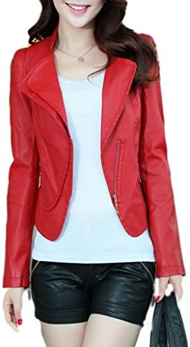 ShanMou Women's Body Fit Short Casual PU Leather Jackets 98008(Red,Large)