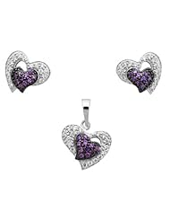 Zirconia by Debbie 925 Silver Purple and Clear CZ Double Heart Set