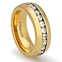 8MM Men's Titanium 18K Gold Plated Ring Wedding Band with Channel Set CZ Simulated Diamonds