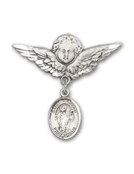 Sterling Silver Baby Badge with St. Richard Charm and Angel with Wings Badge Pin