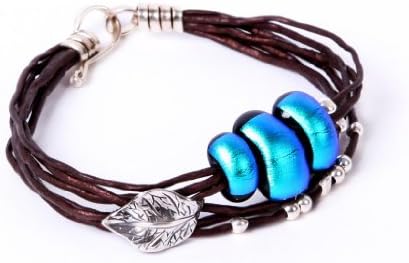 NanoStyle - Sterling Silver Heart Leaf Charm - Blue Dichroic Glass Beads - Handmade Leather Wrap Bracelet - Metallic Brown Color