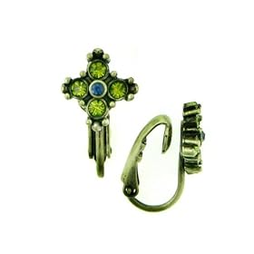 Brass Tone Olivine Hued Petite Clip On Earrings
