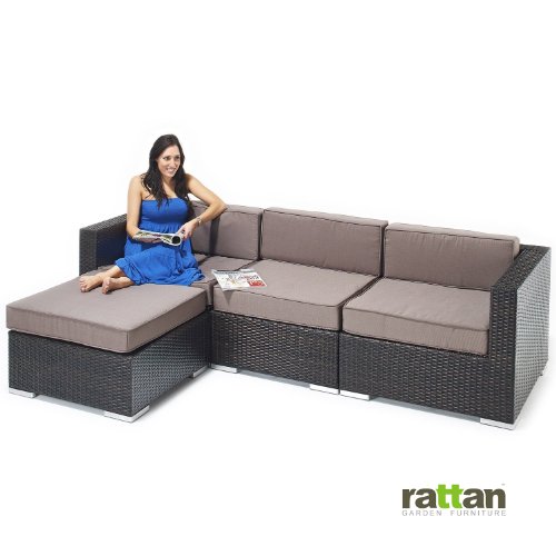 Rattan Corner Sofa Set - Brown Rattan with Linen Cushions - All Weather Garden, Patio and Conservatory Furniture top Garden Furniture product Rattan Corner Sofa Set - Brown Rattan with Linen Cushions - All Weather Garden, Patio and Conservatory Furniture picture