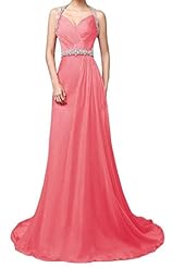 Chiffon Open-Back Beaded Halter Evening Dress/Bridesmaid Dress/Prom Dress/Party Dress  With a Sash 