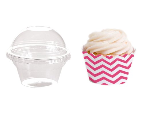 Dress My Cupcake Favor Dome Containers with Wrappers DIY Kit, Fuchsia Chevron, Set of 25