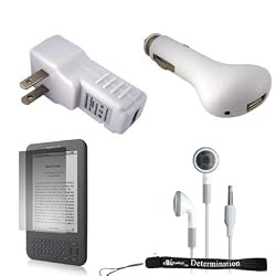 USB Car Charger, USB Wall / Travel Charger, Earphones, and Screen Protector / Guard For Kindle Wireless Reading Device, Wi-Fi, 6" Display Latest Generation + includes a Determination Hand Strap