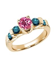 1.88 Ct Round Pink Mystic Topaz Blue Diamond 14K Yellow Gold Ring