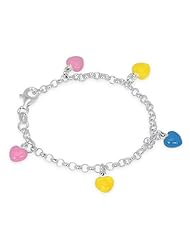 Unicornj Sterling Silver Childrens Bracelet with Heart Charms Pink Blue Yellow