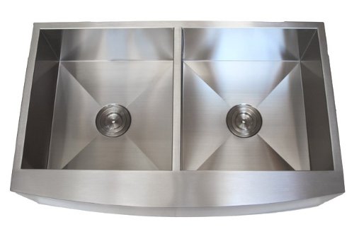 36 Inch - Zero Radius Design 16 Gauge Stainless Steel Curved Front Apron Double Bowl Kitchen Sink