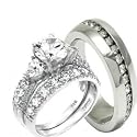 His & Hers Heart 3 Pieces, 925 Sterling Silver & Stainless Steel Engagement Wedding Ring Set, AVAILABLE SIZES men's 8,9,10,11,12; women's set: 5,6,7,8,9.