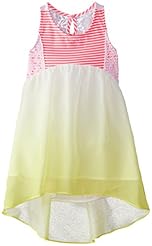 Girls High-Low-Hem Lace Chiffon/Cotton/Nylon/Polyester/Spandex/Knit Striped Print  Dress