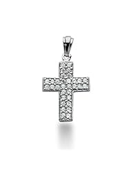 14K White Gold Round Diamond Share Prong Set Cross Pendant (0.96ct)
