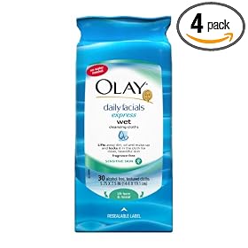 Olay Daily Facials Fragrance Free ExpressWet Cleansing Cloths for Sensitive Skin, 30-Count Packages (Pack of 4) by Olay