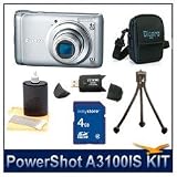 Canon PowerShot A3100 IS Digital Camera (Silver), 12.1 MP, 4x Optical Zoom, 2.7" LCD Display, Deluxe Carrying Case, 3pc. Lens Cleaning Kit, 4 GB Memory Card, Hi-Speed SD USB 2.0 Card Reader, Mini Tripod