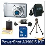 Canon PowerShot A3100 IS Digital Camera (Silver), 12.1 MP, 4x Optical Zoom, 2.7 LCD Display, Digpro Deluxe Carrying Case, 3pc. Lens Cleaning Kit, 4 GB Memory Card, Hi-Speed SD USB 2.0 Card Reader, Mini Tripod