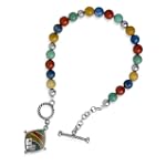 Sterling Silver, Turquoise, Lapis, and Jasper Beaded Bracelet with Mosaic Bright Mountain Inlay Charm