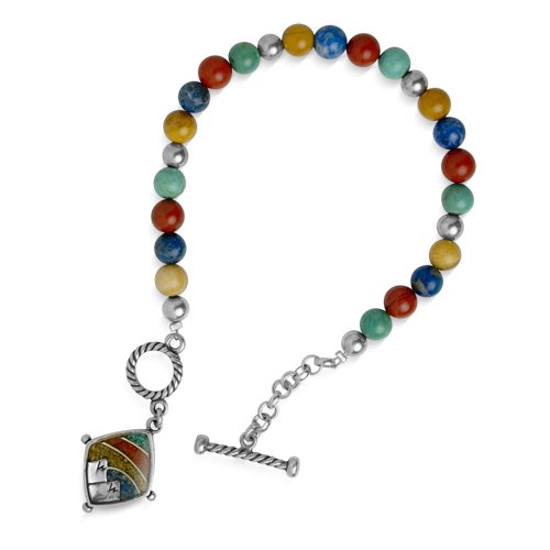 Sterling Silver, Turquoise, Lapis, and Jasper Beaded Bracelet with Mosaic Bright Mountain Inlay Charm